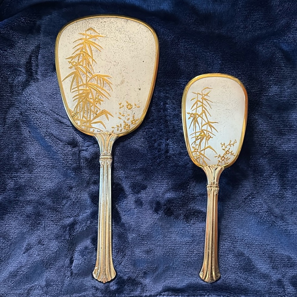 Vintage Bamboo/Floral Design Hair Brush and Mirror - USA Nylon